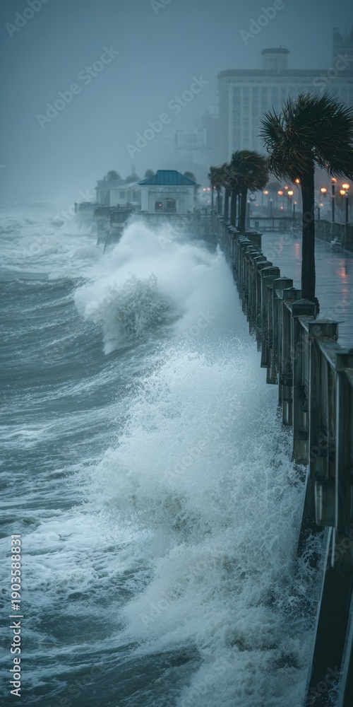 Fototapeta premium Dramatic Photojournalistic View of Stormy Southeast US Coastline Pier Battered by Massive Grey Ocean Waves, Climate Change Concept