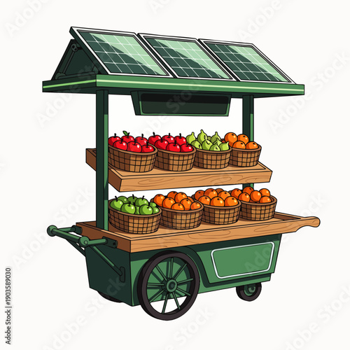 Eco-friendly mobile fruit stand with solar panels offering fresh apples, pears, and oranges, promoting sustainable local produce market.
