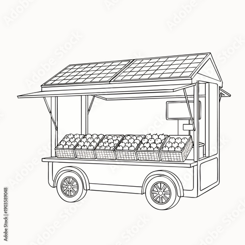 Outline drawing of a sustainable mobile fruit cart with solar panels on the roof, selling fresh apples in baskets, representing green business and local market.