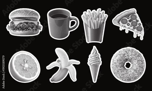 Halftone Fast Food Sticker Set Vector White Outline