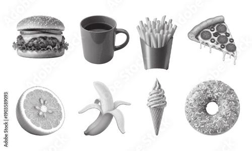 Halftone Fast Food and Fruit Vector Icon Set Retro Grunge Style