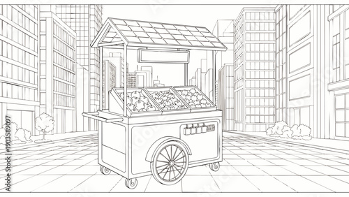 Detailed line art illustration of a street food cart in a bustling urban city environment, perfect for coloring books, featuring a vendor stand with snacks.