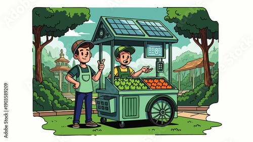 Young vendors selling fresh produce from a solar-powered food cart in a vibrant outdoor market, promoting sustainable business and green energy solutions.
