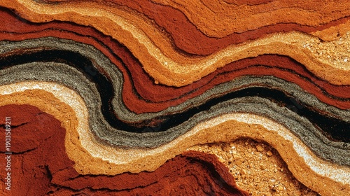 Abstract geological layers forming wave-like patterns in molten earth tones.