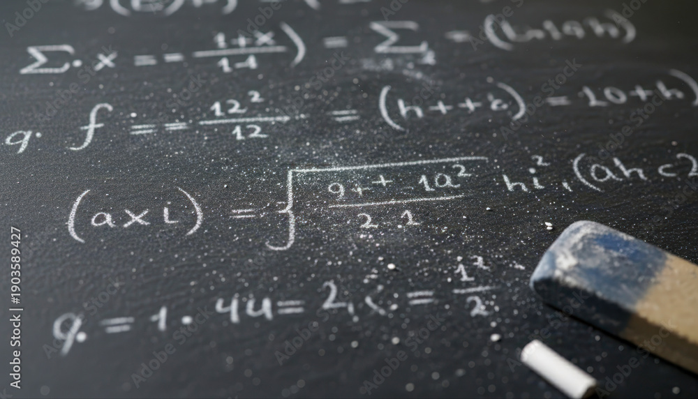 Fototapeta premium Mathematical equations and formulas on blackboard with chalk and eraser