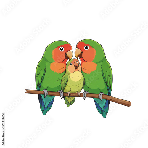 Lovebird family with parent birds and babies realistic vector illustration isolated on white background