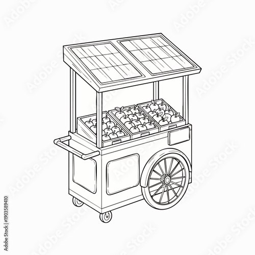 Hand-drawn line art illustration of a traditional street vendor cart with a canopy, selling fresh produce or fruit, perfect for market and food concepts.