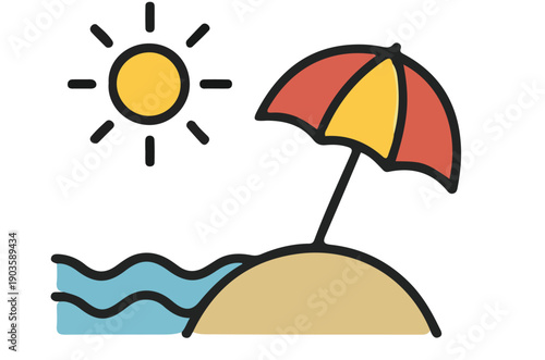 Vibrant Beach Scene with Sun and Umbrella Illustration