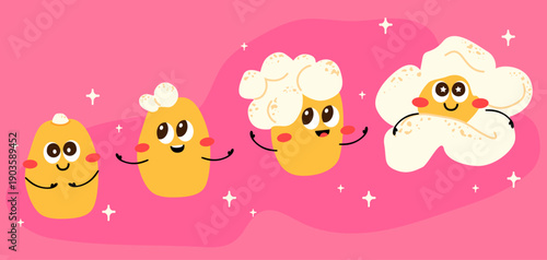 Cute vector illustration the stages of a corn kernel transforming into popcorn. Funny cartoon characters. Pink background with sparkles. Kawaii style