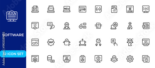 Modern software line icon collection designed with a clean, minimalist and professional style. Includes unique outline vector elements for digital toolkits, software interfaces,