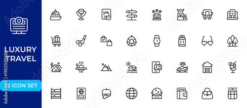 Luxury Travel and Holiday Essentials Line Icon Set – Premium Modern Minimal Outline Icons Collection Featuring Editable Vector Symbols for High-End Getaway, Tourism and Vacation Themes