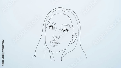 Sketch of a young womans face with long flowing hair.