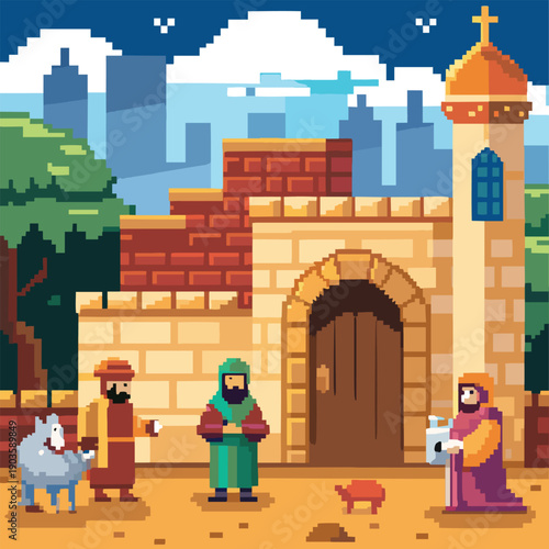 a pixel art depiction of a medieval village scene featuring a church buildings people and animals under a cloudy sky