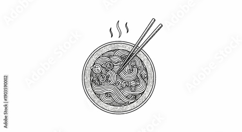 Steaming bowl of noodles with chopsticks illustration.