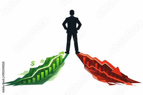 Vector Illustration of silhouetted business person standing on two contrasting landscapes of Profit & Loss