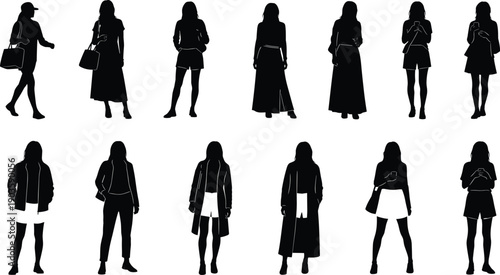 Collection of fashionable women silhouettes in various outfits standing and walking isolated on light background for modern urban lifestyle design