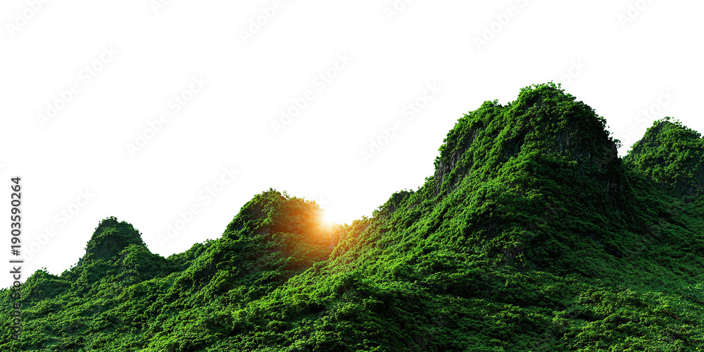 Fototapeta premium Lush green mountain peaks glowing under bright sunrise, isolated on transparent cutout background