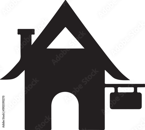 Simple house icon with chimney and balcony on transparent background