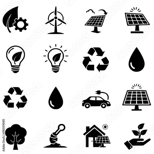 Collection of black and white icons representing sustainable energy solutions, renewable technology concepts, environmental conservation efforts, and ecological balance worldwide