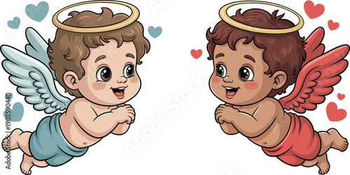 Set of Two Cute Baby Cupid Angel Characters with Wings and Halos Isolated on White Background for Valentine Day Romance Love and Religious Illustration