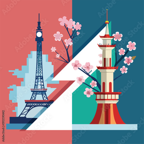 a vibrant illustration showcasing iconic landmarks like the eiffel tower and a japanese pagoda with delicate cherry blossoms adorning the scene