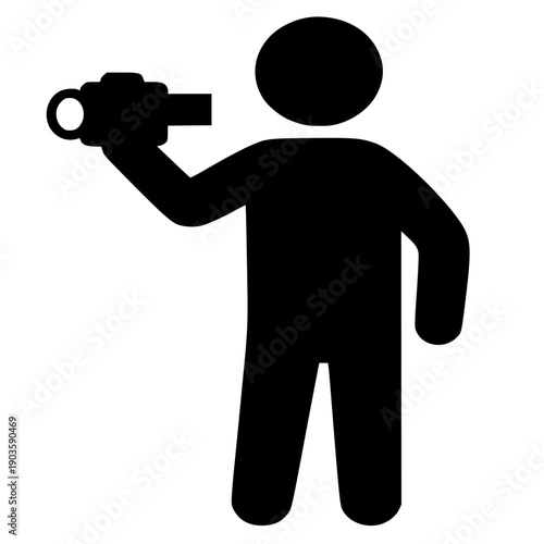 Simple black silhouette icon representing a person holding a video camera or camcorder while recording footage for multimedia production purposes