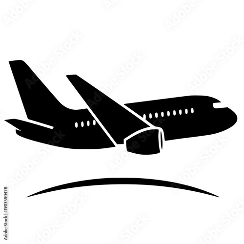 Black silhouette icon graphic representing commercial passenger jet aircraft in flight above the curved horizon line symbolizing global travel and aviation services