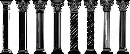Collection of ornate classical architectural columns including Doric Ionic Corinthian and twisted baroque pillars isolated on light background illustration design