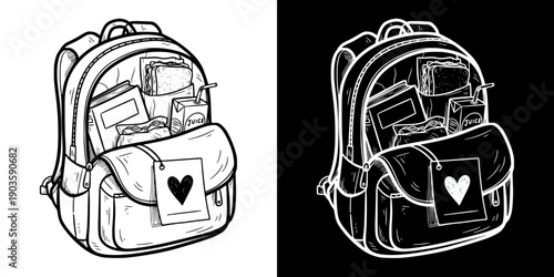 Backpack prepared by a parent with heart symbol for Mother's Day, isolated vector image, two design options on transparent and black backgrounds, pencil drawing, chalk drawing, seamless border  