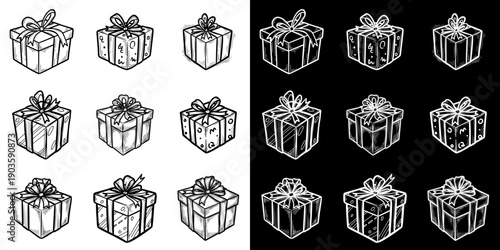 Gift boxes with ribbons in outline style for Mother's Day, isolated vector image, two design options on transparent and black backgrounds, pencil drawing, chalk drawing, seamless pattern, set