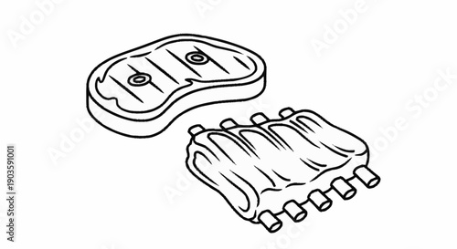 Raw beef steak and pork ribs illustration.