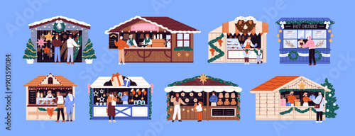 Christmas stalls with sellers at the counter and buyers set. Decorates chalets in New Year market. Booths with toys, Xmas trees, coffee in winter holidays funfair. Flat isolated vector illustrations.