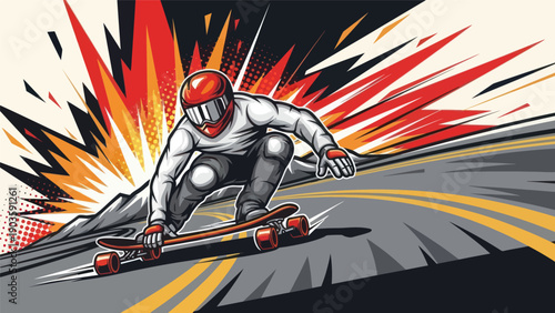 Skateboarder speeding downhill in bold action illustration