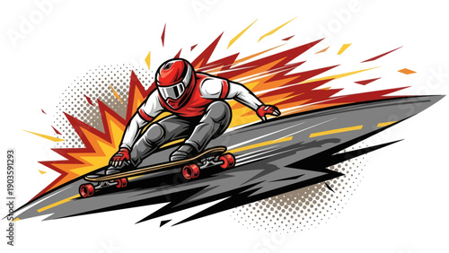 Skateboarder speeding down road in graphic style against explosive background