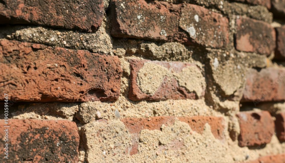 Obraz premium Old red brick wall with crumbling mortar and weathered texture