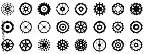 Cogwheel and Gear Silhouettes in Black, Mechanical Round Gear Shapes with Various Teeth Patterns, Vector Illustration