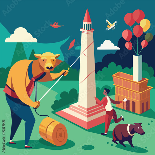 a whimsical illustration depicting a large bear pulling a tower with a rope alongside a person and other fantastical elements