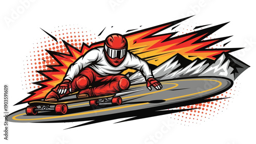 Skateboarder speeding downhill with dynamic graphics illustration