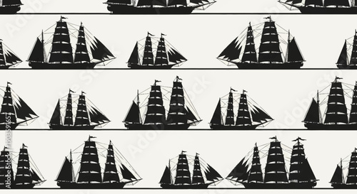 Seamless pattern of vintage sailing ships in black and white.