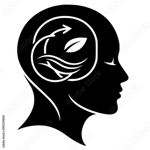 Silhouette head profile depicting mindful thought processes emphasizing organic recycling cycles and vital natural environmental balance concepts for holistic well-being