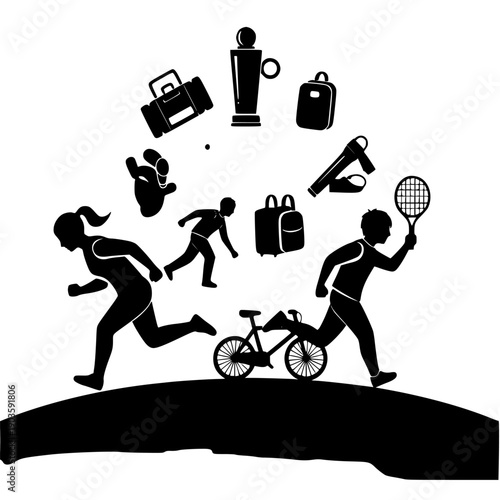 Collection of black and white silhouette icons representing various healthy lifestyle activities like running, cycling, and sports equipment for fitness promotion