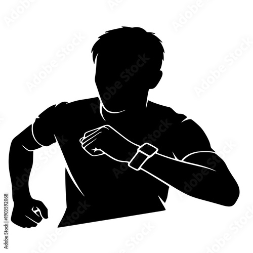 Silhouette illustration of a focused male runner checking his smartwatch display while engaged in a vigorous forward motion during intense athletic activity