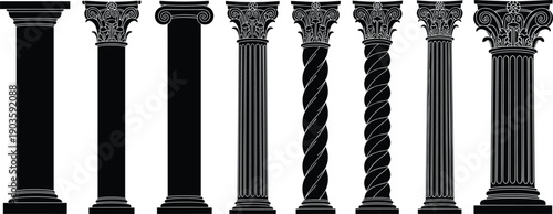 Set of classical architectural columns silhouettes featuring Doric Ionic Corinthian and twisted baroque pillars isolated on light background for design use
