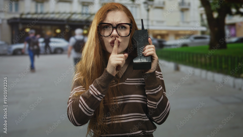 Fototapeta premium Redhead woman holding a brick phone, finger to lips for silence on a street with storefronts and parked cars; secrecy caution.