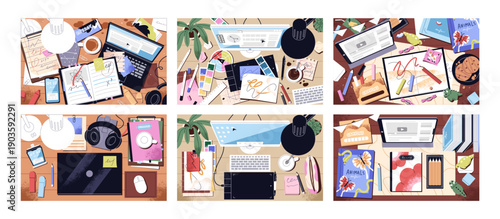 Messy and clean computer desks top view set. Dirty and tidy office workplaces overhead. Above tables with mess, disorder, books, stationery, documents, laptops and things. Flat vector illustrations.
