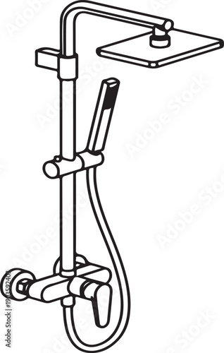 Editable line illustration of modern bathroom shower system including overhead rain shower and handheld unit. Clean scalable vector artwork for plumbing, renovation and interior concepts