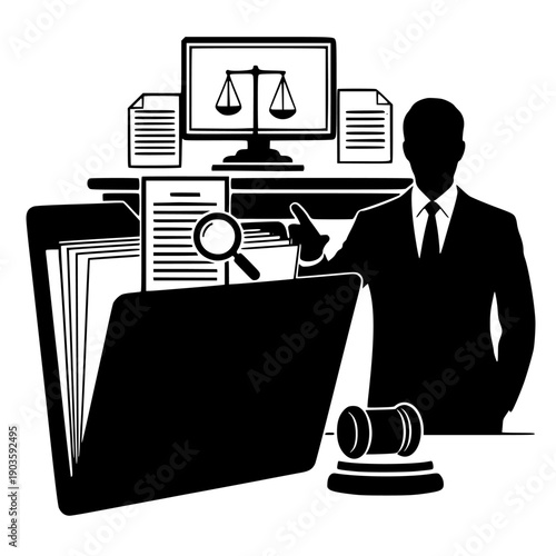 Silhouette graphic depicting a legal professional or lawyer overseeing case files, digital evidence review on a monitor showing scales of justice, and a judge's gavel.