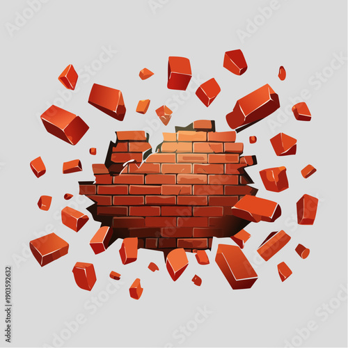 Dynamic illustration of a brick wall dramatically shattering and exploding outwards, symbolizing breakthrough or demolition