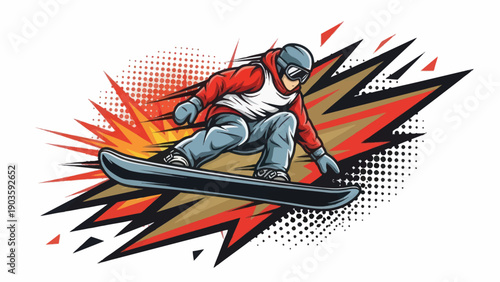 Snowboarder performing a jump against a burst design vector illustration