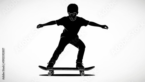 Silhouette of a young boy skateboarding on a white background.